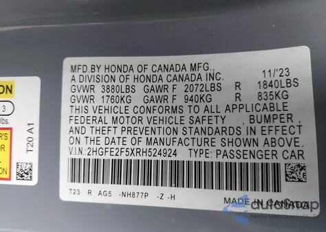 2024 Honda Civic Sport from USA, damaged, VIN 2HGFE2F5XRH524924
